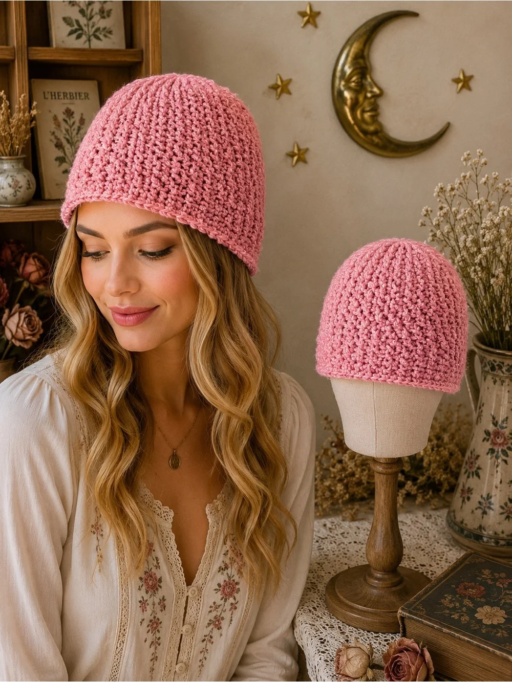3 Handmade Crochet Pink Beanies Bundle Adult Small Teen Boho Cottagecore Hats